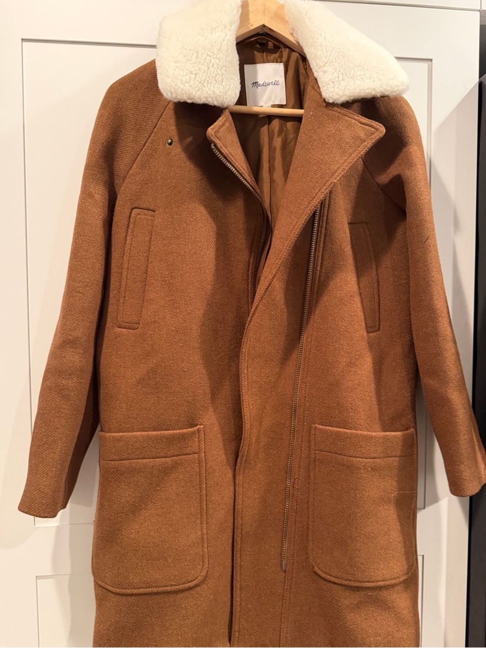 Madewell Brown Wool-Blend Pea Coat with Cream Sherpa Collar